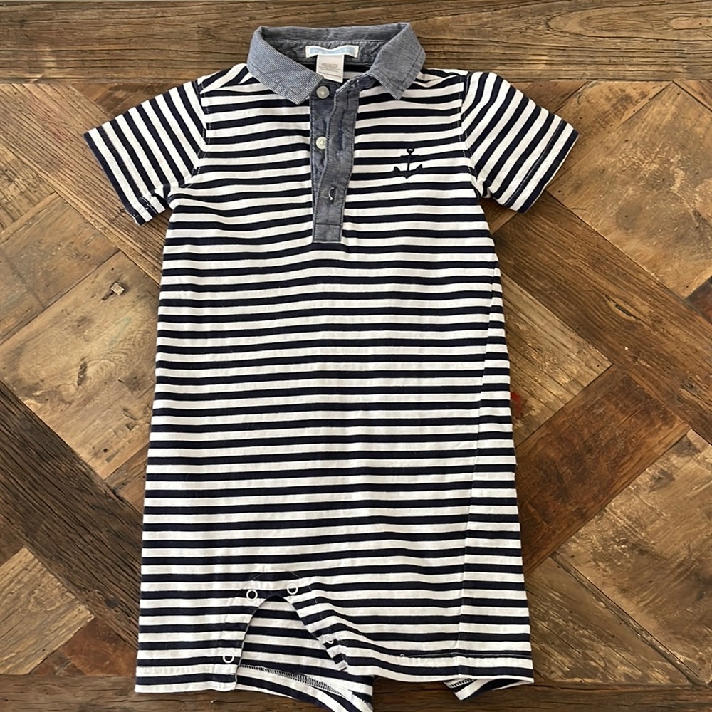 Nautical boys romper with chambray detail. Sooo cute on!!